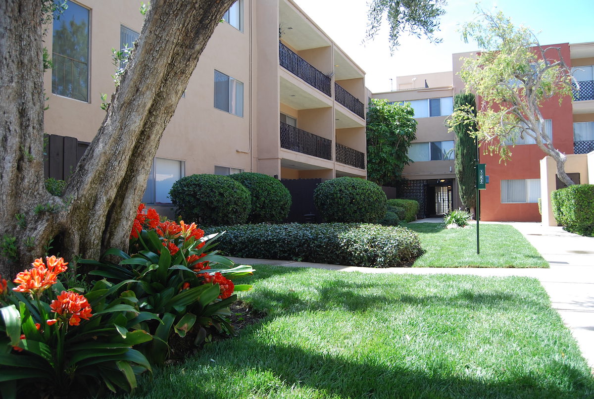 Community courtyard with beautiful andscaping.